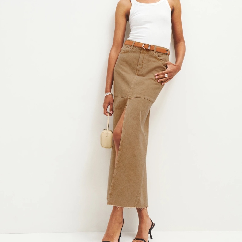 Reformation tan denim long skirt